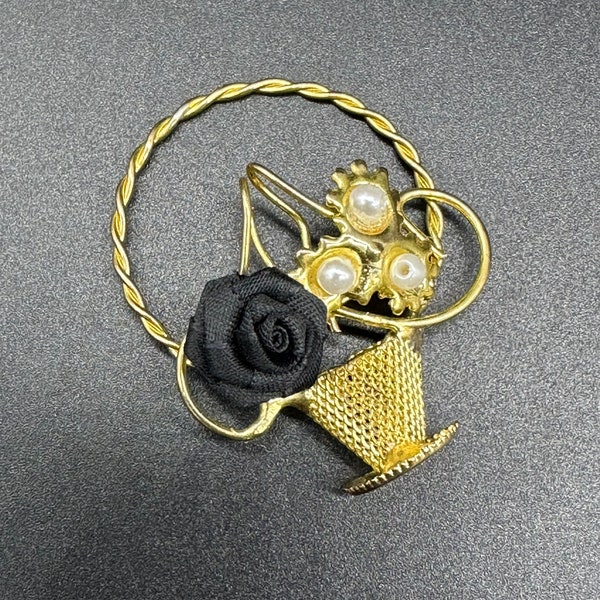 Vintage Brooch Pin Metal Mesh Flower Basket Black Rose Gold Toned Spring Jewelry