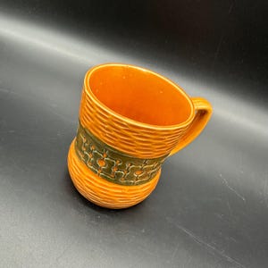 Vintage Coffee Mug Orange Basket Weave Japan Ceramic 1960s Mid Century Retro