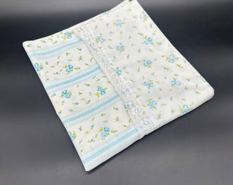 Vintage King Pillowcase 1960s Floral JCPenney USA Blue Flowers Lace Mid Century