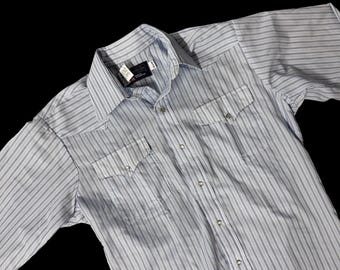 Vintage Western Pearl Snap Shirt Blue Striped Long Sleeve Panhandle Slim USA Cowboy