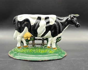 Vintage Cast Iron Doorstop Cow Farmhouse Decor Cottage Black White Pasture Metal