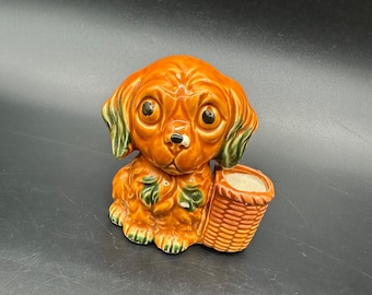 Vintage Puppy Dog Toothpick Holder Trinket Dish Air Plant Holder Norleans Japan Ceramic Orange