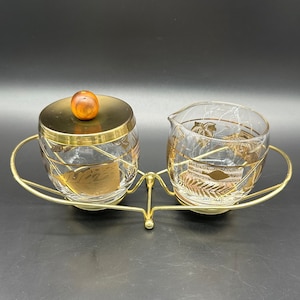 Vintage Creamer Sugar Bowl Set Wire Caddy Libbey 22K Gold Leaf