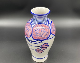 Italian Pottery Vase Pink Blue Floral Mid Century Modern Hand Painted Roses Italy
