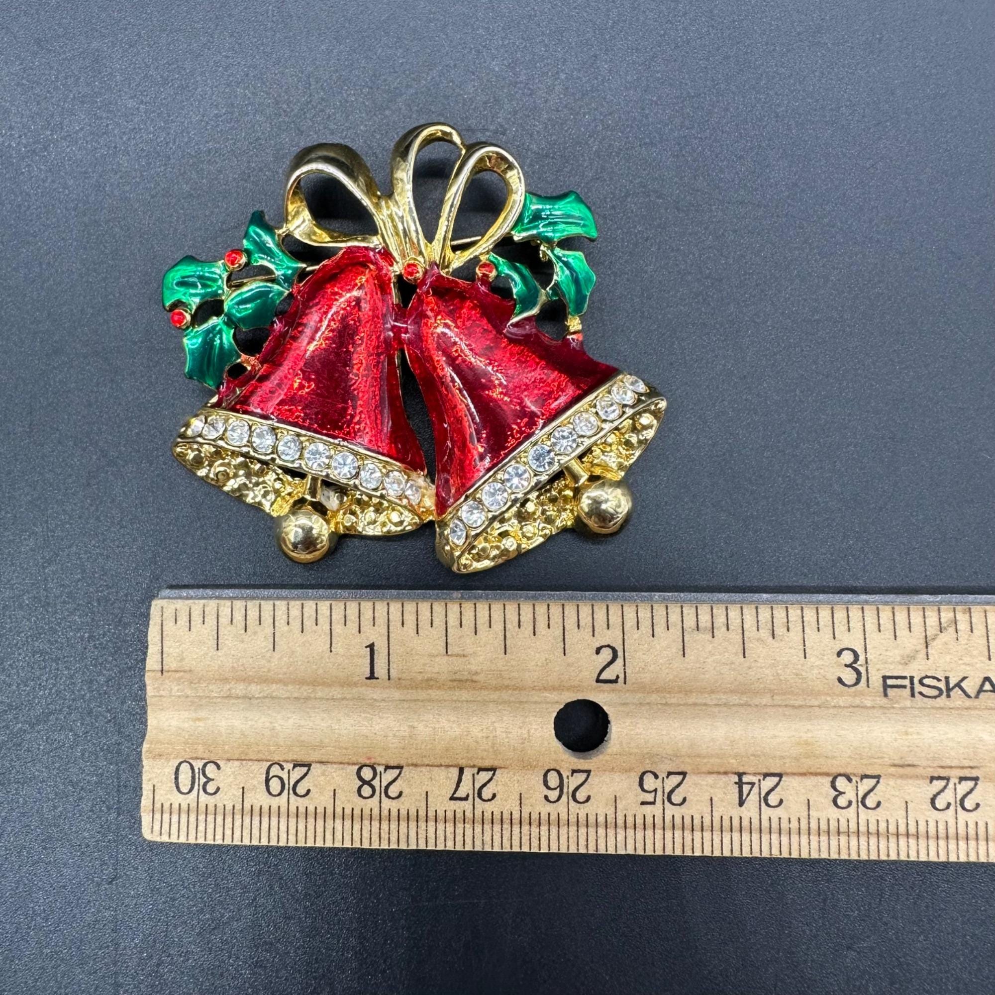 Vintage Christmas Bells Brooch Pin Red Enamel Gold Tone