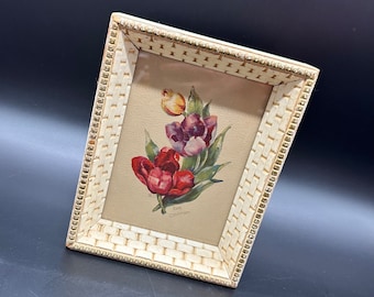 Vintage Flower Print Wood Framed Lithograph Picture Floral Cream Gold