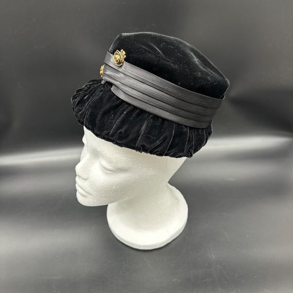 Vintage 1940s Black Velveteen Hat Ruched Trim Gold Rose Accents