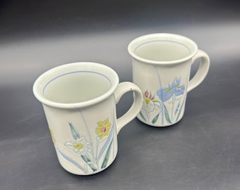 Vintage Floral Mugs Daffodil Iris Flowers Coffee Cups Pastel Blue Yellow Cottage