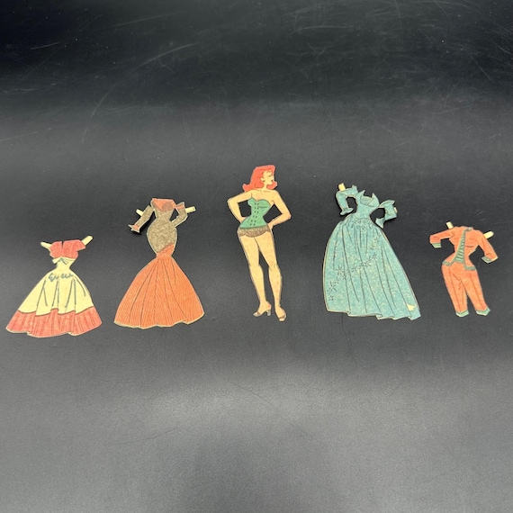 Vintage Paper Doll 1950s Redhead Woman Newspaper Cut Out 4 Outfits Retro