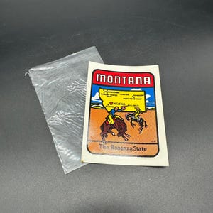 Mapa vintage de Montana de la década de 1970, calcomanía del estado de Bonanza, recuerdo de viaje de vaquero y caballo