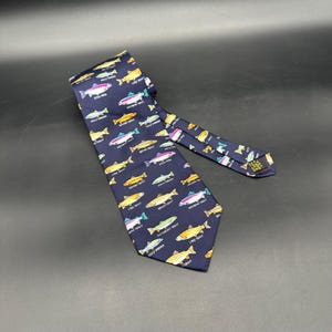 Vintage Tie Alynn Neckwear Fish The Trout Family Silk Necktie USA Navy Fishing Dad Gift