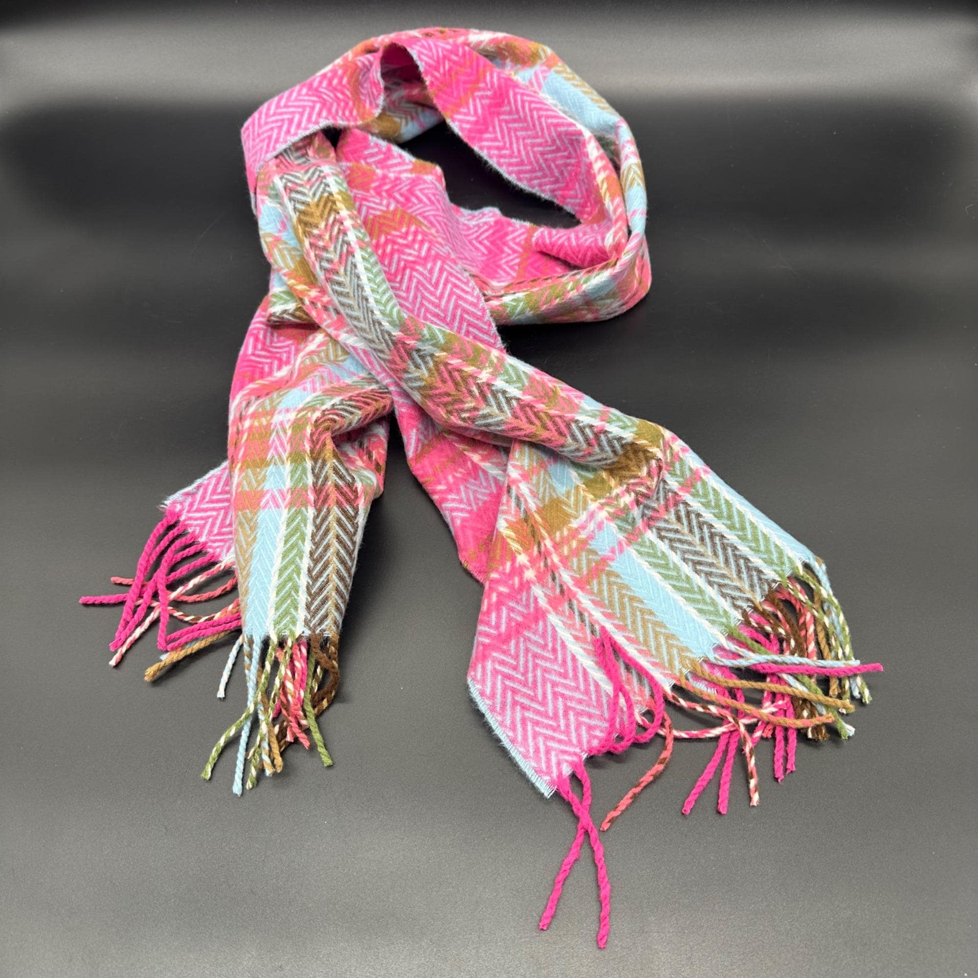 Cashmere Scarf Pink Blue Plaid Fringe Made in Germany Chevron Hand