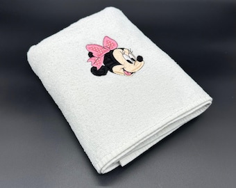 Toalla de baño vintage de Minnie Mouse de Disney de los años 80, de algodón, con lazo blanco y rosa, fabricada en EE. UU.