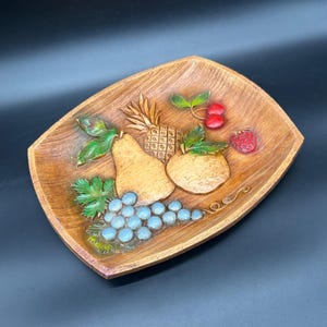 Vintage Wood Look Fruit Platter Tray Mid Century Kitschy Plastic Multi Prod USA