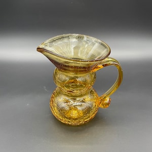 Vintage Art Glass Pitcher Yellow Crackle Glass Blown Applied Handle