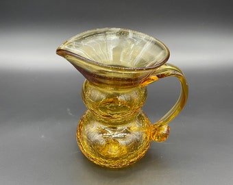 Vintage Art Glass Pitcher Yellow Crackle Glass Blown Applied Handle