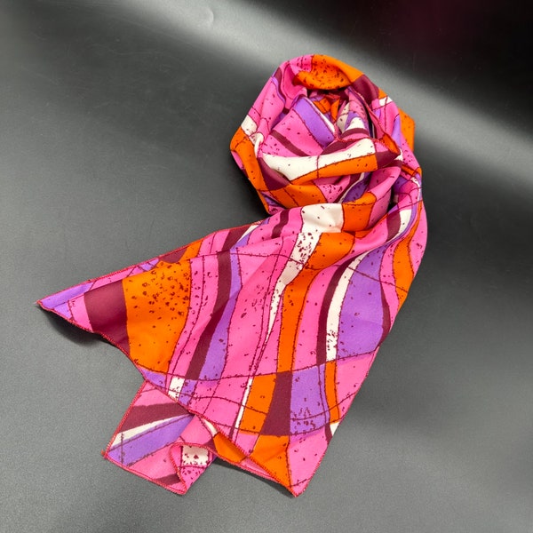 Vintage Long Scarf Pink 1960s Psychedelic Wrap Purple Orange Finished Edge