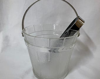 ヴィンテージ アイスバケット インディアナ ガラス トング フロスト加工木製樽 サービング ミッドセンチュリー