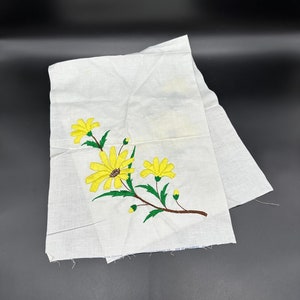 Vintage Embroidery Flowers Sunflowers Daisies Fiber Art Table Runner Handmade Unfinished