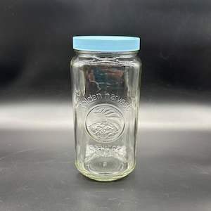 Vintage Golden Harvest Glass Canister Clear Blue Lid 1980s Kitchen Storage Jar
