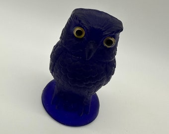 Vintage Art Glass Owl Cobalt Blue Applied Eyes Handmade Figurine Paperweight Satin