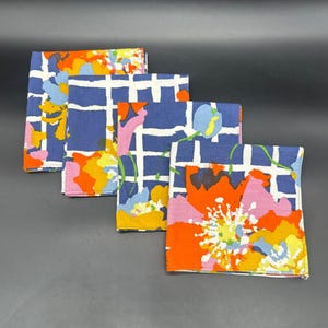 Vintage Napkins Bold Floral Handmade Blue White Grid Orange Pink Set of 4