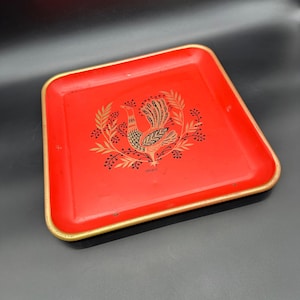Vintage Red Metal Tray Peacock Bird Mid Century Modern Square Serving Decorative Maxey