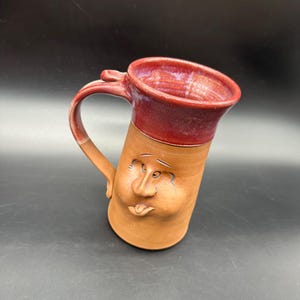 Vintage Clement Clayworks Pottery Face Mug Brown Maroon Kitschy Funny Cup Thumb Rest