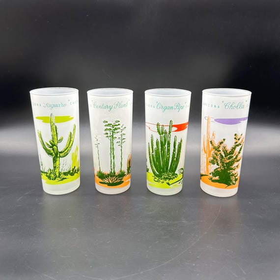 Vintage Blakely Oil Gas Arizona Cactus Frosted Highball Glasses