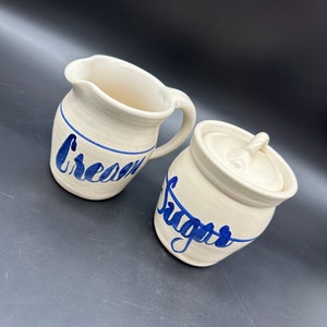 Vintage Pottery Creamer Pitcher and Sugar Bowl White Blue Stoneware