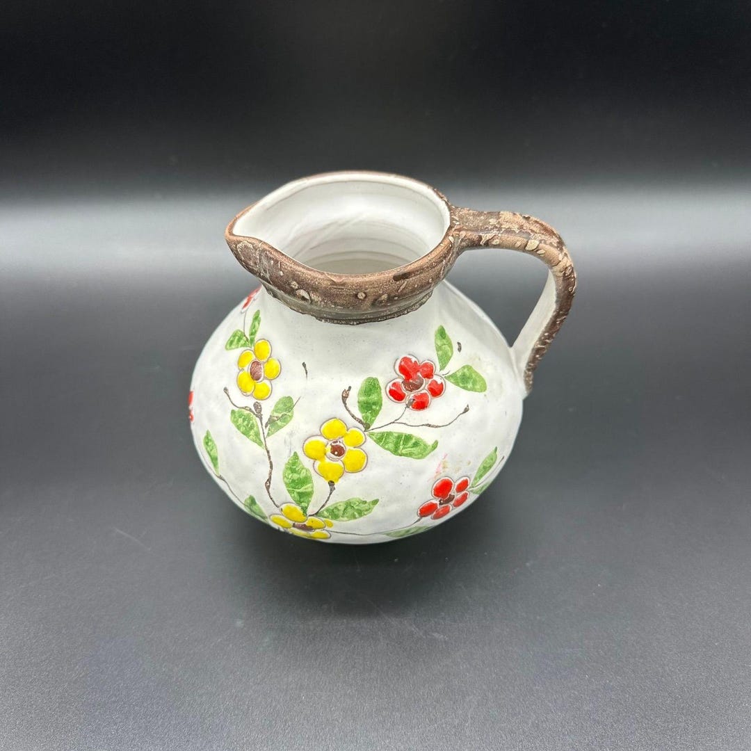 Vintage Italian Pottery Pitcher Floral Hand Painted Italy Vase Colorful ...