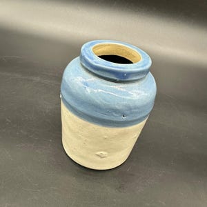 Vintage Stoneware Lusk Mustard Jar Blue Beige Bud Vase Crock Rustic Storage