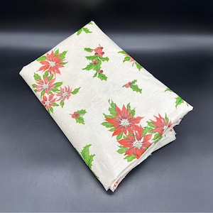 Vintage Vinyl Tablecloth Christmas Poinsettia White Red Green Flower Rectangle