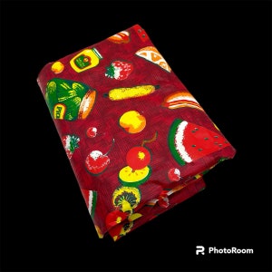 Vintage Vinyl Tablecloth Red Kitschy Picnic Food Pickle Watermelon Corn Strawberry