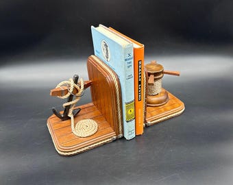 Vintage Buchstützen aus Holz, Anker, Schiffsrad, Seil, Mid Century, maritim