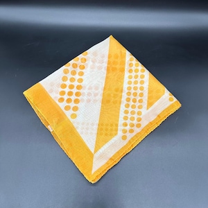 Vintage Scarf Japan MOD 1970s Yellow Orange White Polka Dot Stripe Square Retro