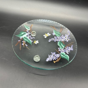 Hand Painted Glass Plate Bees Purple Flowers Decorative Floral 3 Glass Feet Botanical Cottage