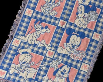 Vintage Disney Baby Tapestry Blanket Mickey Minnie Goofy Pluto Donald Pink Blue