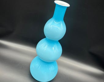 Vintage Empoli Blue Glass Triple Bubble Gourd Decanter Bottle Vase Italian MCM
