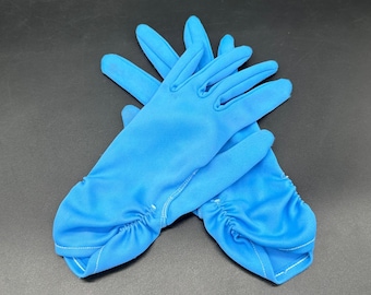 Guantes vintage de mujer azul bebé fruncidos, accesorio retro formal de noche de los años 60