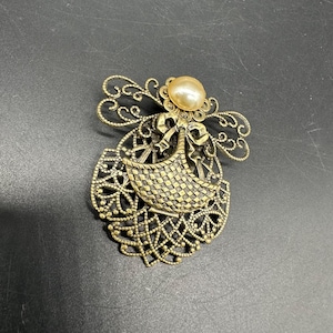 Vintage Filigrane Brosche Jane Engel Gold Toned Faux Perle Retro Schmuck