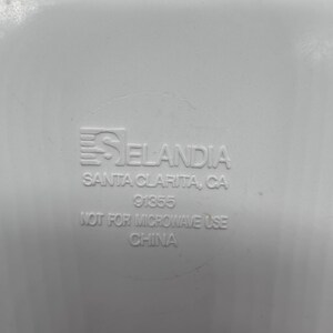 以下が含まれることがあります： 「SELADIA SANTA CLARITA, CA 91355 NOT FOR MICROWAVE USE CHINA」の文字が円形にデザインされた、明るい灰色のプラスチック表面のクローズアップ。