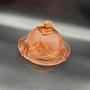 Antique Domed Butter Dish EAPG Massachusetts Pattern Pink Glass Covered Vintage