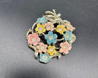 Vintage Floral Brooch Pin Enamel Rhinestone Pastel Flowers Retro Spring Jewelry