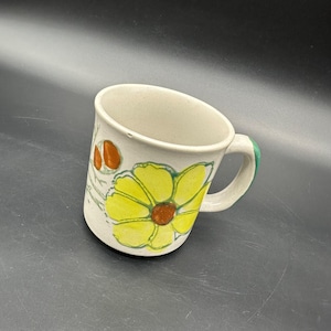 Vintage Stoneware Coffee Mug Hand Painted Daisy Floral Yellow Flower Retro Cup