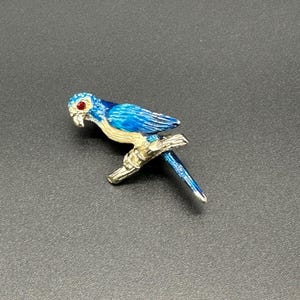 Vintage azul loro broche Pin rojo Rhinestone ojo pájaro joyería Retro periquito