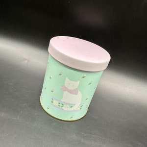 Vintage Kitty Cat Tin Mint Green Purple Cottagecore 1987 Hallmark Storage Container