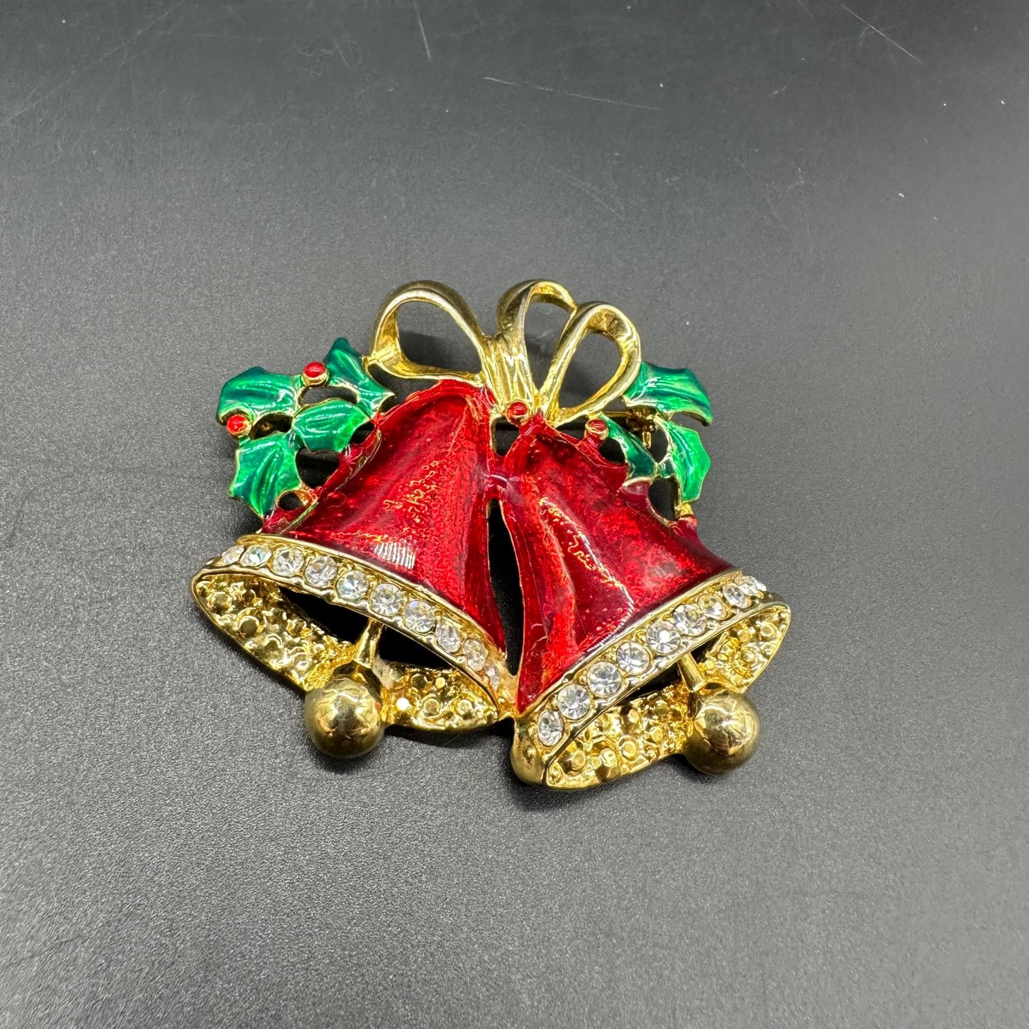 Vintage Christmas Bells Brooch Pin Red Enamel Gold Tone