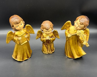 Vintage Paper Mache Angel Figurines Choir Girls Set Of 3 Gold Mid Century Decor