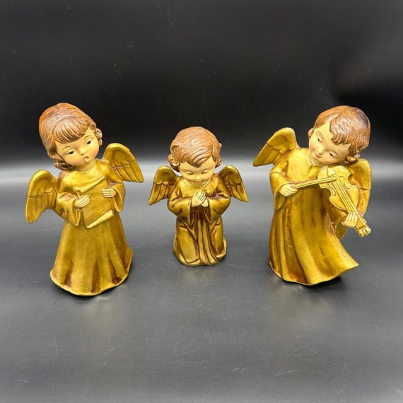 Vintage Paper Mache Angel Figurines Choir Girls Set of 3 Gold Mid